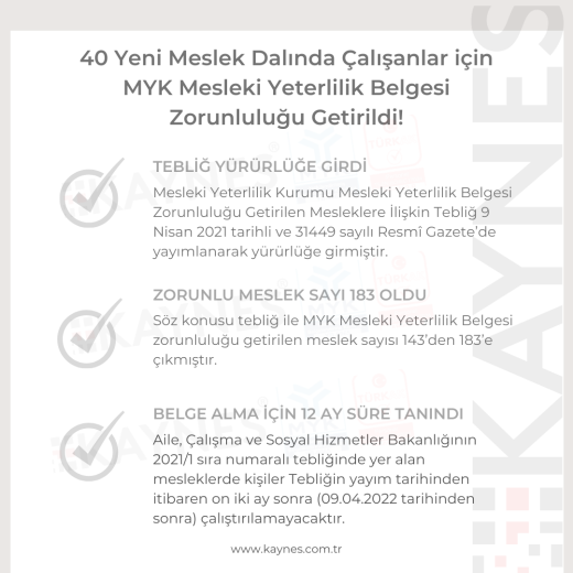 40 Yeni Meslek Dalında Çalışanlar için MYK Mesleki Yeterlilik Belge Zorunluluğu Getirildi